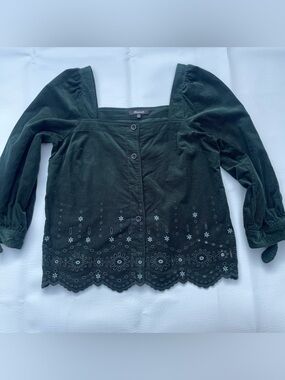 Madewell Embroidered Green Corduroy Tie Sleeve Eyelet Blouse Women size XS